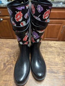COACH Q8010 TRISHA II Black and Floral Canvas Rubber Rain Boots Size 8 B - Picture 1 of 7