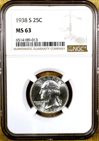 1938-S NGC MS63 Washington Quarter - 100% Blazing White Cover