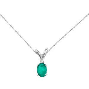 14k White Gold Emerald and Diamond Oval Pendant with 18" Chain - Picture 1 of 3