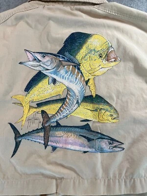 Рубашка Guy Harvey AFTCO мужская M глубоководная вентилируемая для рыбалки в океане короткий рукав желтовато-коричневая - Изображение 1 из 4