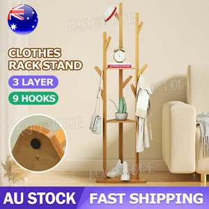 3 Tiers Garment Clothes Coat Rack Stand Wooden Tree Hanger Bag Hat Hook Holder - Picture 1 of 9