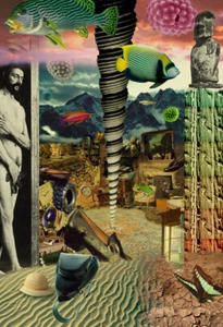Sandy Sanders, "Goods on Earth", digital monoprint, 20" x 30" grommet pinable - Picture 1 of 5
