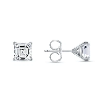 1 Ct Asscher Cut Created Diamond Real 14K White Gold Earrings Stud Martini Push - Image 1 of 3