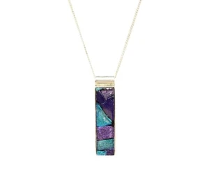 Collar Colgante J4U Vintage Dicroico Azul Púrpura Arte Vidrio Rectángulo 925 - Imagen 1 de 8