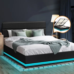Oikiture Bed Frame Queen Double King Size RGB LED Gas Lift Base With Storage - Picture 1 of 40