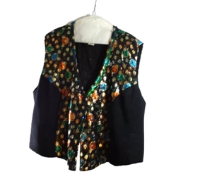 Vintage Sue Herron USA Sequins Vest Black Silver Gold Red Blue Sparkles large - Picture 1 of 3
