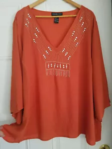 Marianne Damen-Bluse 100 % Rayon orange bestickt verziert lose fließende Bluse 2X - Bild 1 von 12