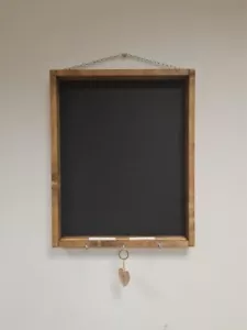 WALL HANGING WOODEN FRAMED CHALK BLACKBOARD SHELF & HOOKS - 2 free chalks - Picture 1 of 6