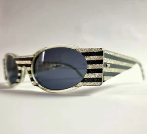 Lussi occhiali da sole vintage IDC stile discoteca francese glitter a righe argento nero - Foto 1 di 24