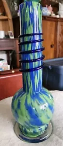 Vintage Large Czech Multi-Colored Blue & Green Swirled Art Glass Vase W/Snake - Picture 1 of 7