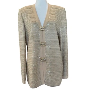 Chaqueta de punto crema de noche St. John con lentejuelas brillantes y hebillas doradas y de cristal - Imagen 1 de 3