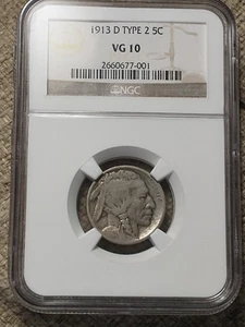 1913-D Type 2 Semi-Key Buffalo Nickel, NGC VG 10, Scarce This Nice - Picture 1 of 3