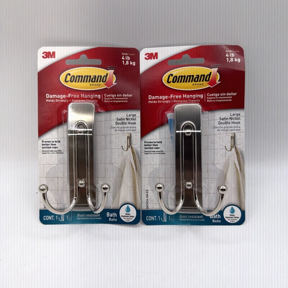 3M Command Baño Doble Gancho Grande Níquel Satinado Soporta Hasta 4 libras Paquete de 2 Foto 1 de 4