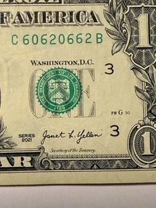 Trinary One Dollar Bill 0s 2s 6s Fancy Serial Number C60620662B Series 2013 - Picture 1 of 10