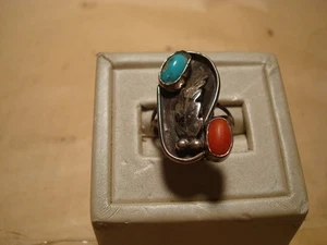 RING CORAL TURQUOISE SOUTHWESTERN SIZE 6 - Picture 1 of 6