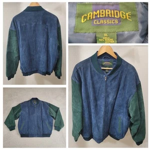 VTG Cambridge Classics Suede Varsity Bomber Jacket Men's XL Blue Green Retro 90s - Picture 1 of 20