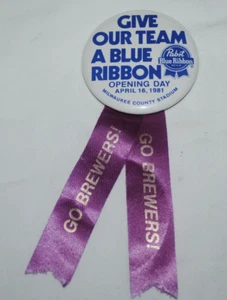 1981 Milwaukee Brewers Opening Day pinback with ribbons, Pabst Blue Ribbon beer - Picture 1 of 3