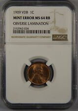1909 VDB Lincoln Wheat Cent NGC MS64 RB Mint Error Obverse Lamination NEAT!