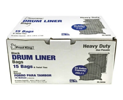 Frost King DL3656 3 MIL 55 Gal 15 Ct Drum Liner Trash Bag 36"X56" Black Plastic - Image 1 of 2