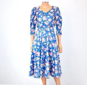 VTG 80'S/90'S Blue Pink Roses Print Cottage Core Belted Puff Sleeve Dress - XS - Picture 1 of 12