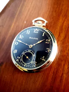 BULOVA POCKET WATCH ORIGINAL BLACK DIAL GOLD PLATE CASE AND SERVCIED 1945 - Picture 1 of 14