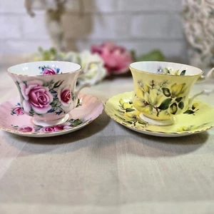 2 tazas de té y platillos Royal Albert Floral Bone China England vintage rosa y amarillo - Imagen 1 de 11