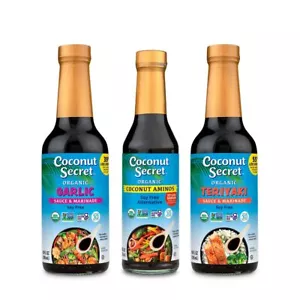 Coconut Secret Coconut Aminos Soy Free Sauce Pack of 3 Teriyaki Garlic 10 Fl Oz - Picture 1 of 10