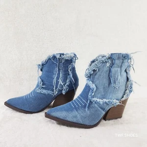 Distressed Cowboy Deinm Frayed Western Cowgirl Boots Honky Tonk Booties - Picture 1 of 8