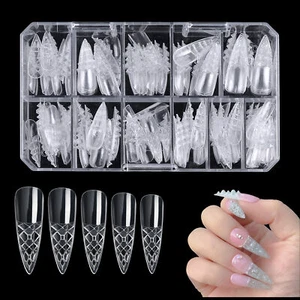 CLEAR LONG COFFIN False Nails Kit PRESS ON FULL COVER Fake Tips & Nail Rhineston - Picture 1 of 20