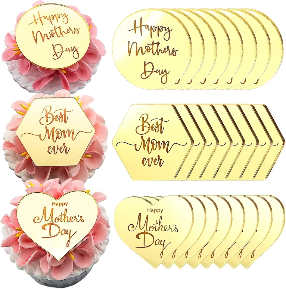 Toppers de cupcake feliz dia das mães, 24 peças acrílico espelho dourado, círculo hexago - Imagem 1 de 4