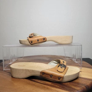 Dr. Scholl's Original Leather Wood Slide Sandals Shoe Wheat Tan Womens Sz 6M - Picture 1 of 9
