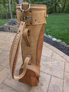 TITLEIST Vintage Golf Cart Bag Lt Brown Leather Grain w/ Rain Cover NICE RARE - Picture 1 of 18