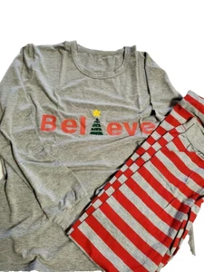 2pc Xmas PJ's Holiday Pajamas BELIEVE In Santa Candy Cane Costume Adult L 42-44 - Picture 1 of 2