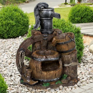 Außen Spring Zier Brunnen Deko Kaskade Holz Optik braun Stein Garten Pumpe Eimer - Bild 1 von 4
