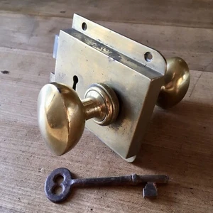 Vintage Messing Felgenschloss & Schlüssel mit Türklinken Mid Century Griffe - Linkshand - Bild 1 von 21