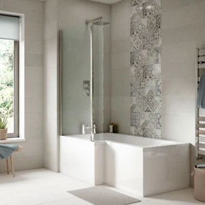 Nuie Bathroom L-Shape Shower Bath Front End Panels Hinged Screen Modern Acrylic - Picture 1 of 26