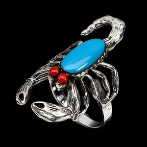 925 Sterling Silver Ring Oval Turquoise 12x6mm Coral Scorpion Gemstone Jewelry 7 - Picture 1 of 14