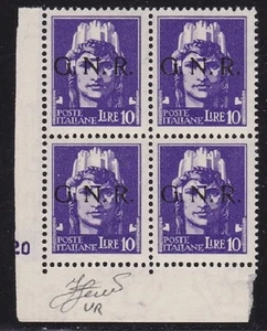 1944 RSI No. 486 10 Lire Purple MNH/** QUARTER TABLE NUMBER Signed Olive - Picture 1 of 3