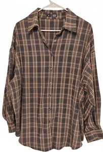 DAZY Men's Gray and Tan Oversized Plaid Button-Up Shirt Size Medium - Picture 1 of 6