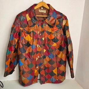 70's Vintage, Multi-Color Genuine Leather Patchwork Jacket W/ Snap Buttons, Mens - Picture 1 of 10