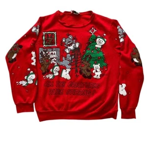 Vintage B.J Frog Red AOP animals grandma Sweatshirt Size M Ugly Xmas - Picture 1 of 7