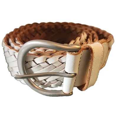 Large Wide White Woven Leather Belt Brass Buckle Coldwater Creek Womens New - Image 1 of 4