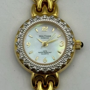 21mm Working Ladies Waltham Diamond Mother Of Pearl Gold Quartz Watch 7.5 Inches - Picture 1 of 18