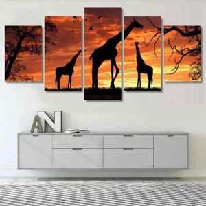 Sunset Giraffes Wildlife Silhouette Animal 5 Piece Panel Canvas Wall Art Decor - Picture 1 of 2
