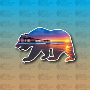California State Beach Pier Ocean Sunset Bear 5" Custom Vinyl Decal Sticker - Picture 1 of 1