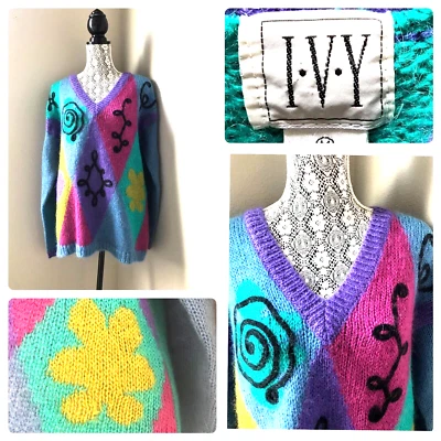 Vtg 90 California Ivy Mohair Ugly Sweater M L Shoulder Pads Geometric Colorblock - Image 1 of 4