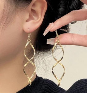 Women's Ladies Silver 18ct Gold Plated Twisted Spiral Dangle Drop Earrings - Picture 1 of 22