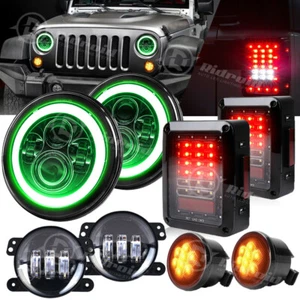 Green Halo 7" LED Headlights 4" Fog Turn Tail Lights Combo for Jeep Wrangler JK - Picture 1 of 23