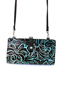 Patricia Nash Womens Leather Floral Print Wallet Handbag Brown Aqua Blue