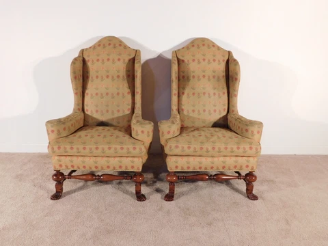 Pair Lexington Grand Fireside Wing Wingback Upholstered Mahogany Chairs Cover